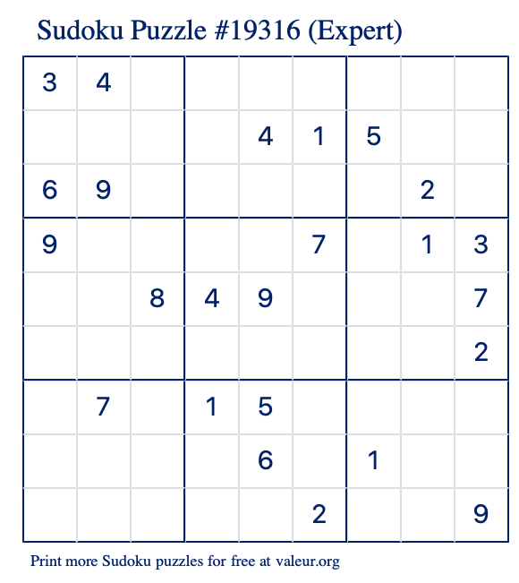 Free Printable Expert Sudoku Puzzle number 19316