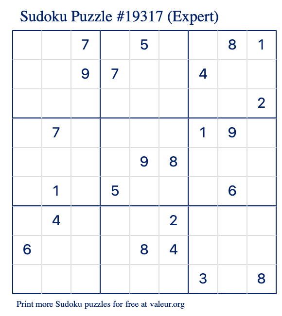 Free Printable Expert Sudoku Puzzle number 19317