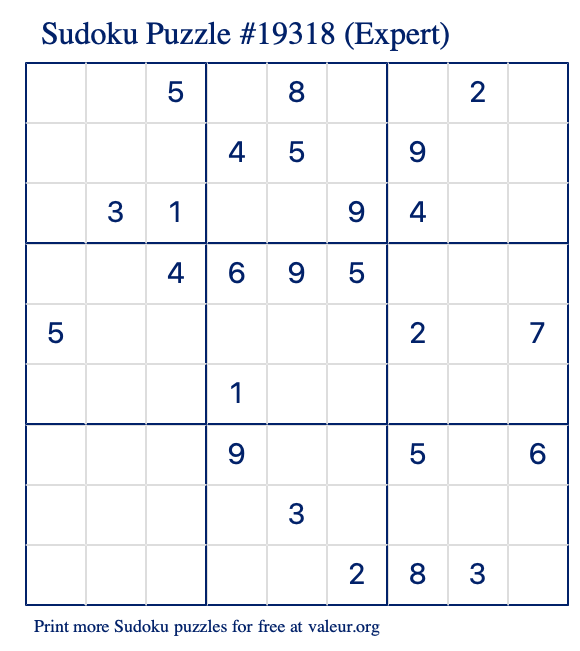 Free Printable Expert Sudoku Puzzle number 19318