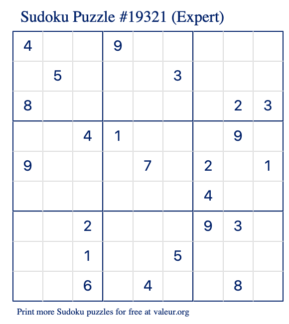 Free Printable Expert Sudoku Puzzle number 19321