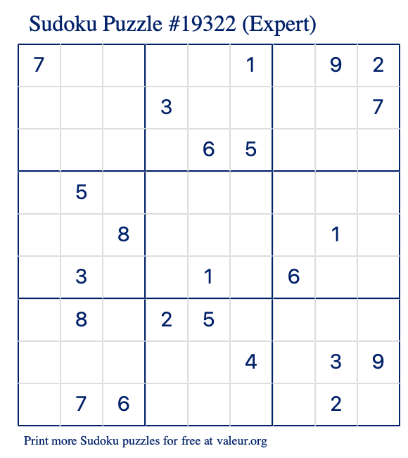 Free Printable Expert Sudoku Puzzle number 19322