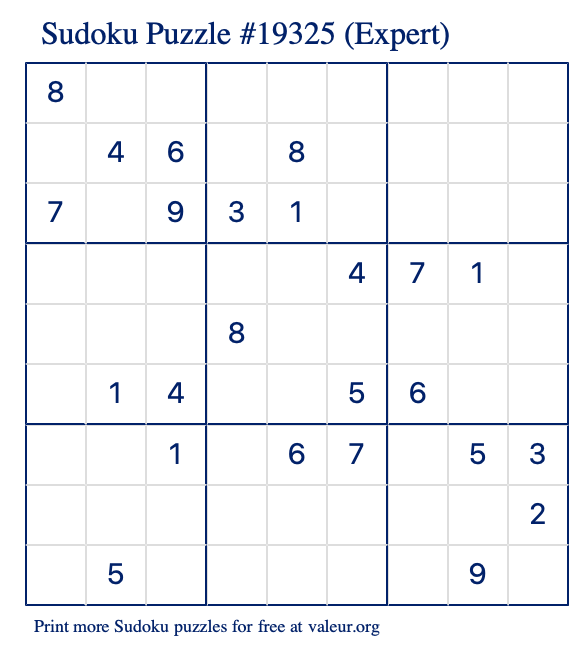 Free Printable Expert Sudoku Puzzle number 19325