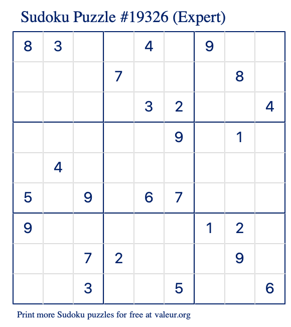 Free Printable Expert Sudoku Puzzle number 19326