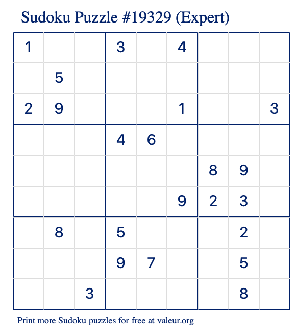 Free Printable Expert Sudoku Puzzle number 19329