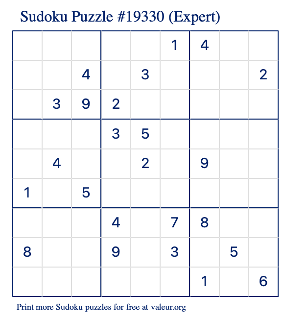 Free Printable Expert Sudoku Puzzle number 19330