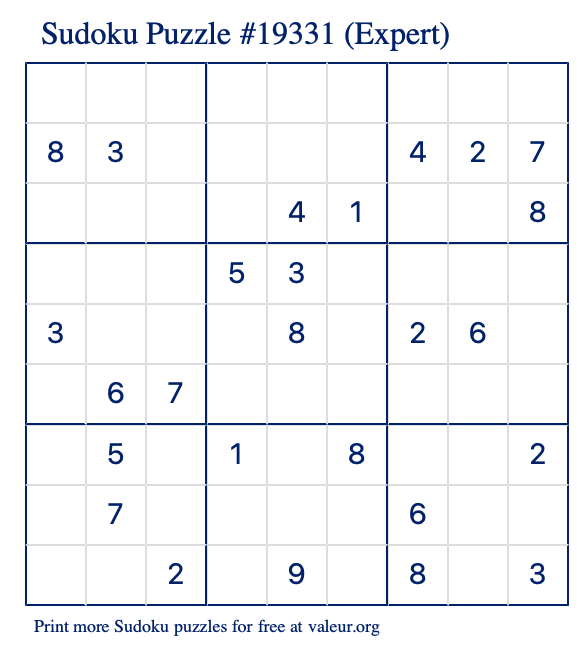 Free Printable Expert Sudoku Puzzle number 19331