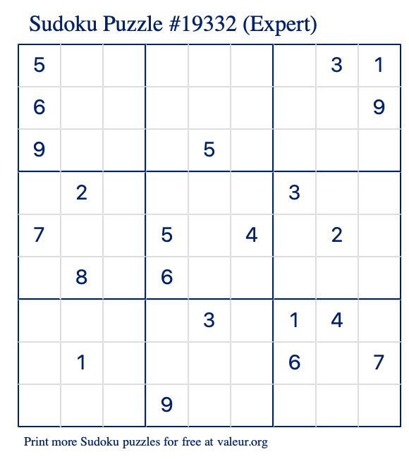 Free Printable Expert Sudoku Puzzle number 19332