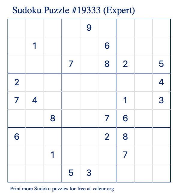 Free Printable Expert Sudoku Puzzle number 19333
