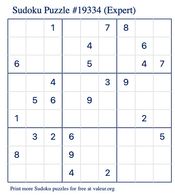 Free Printable Expert Sudoku Puzzle number 19334