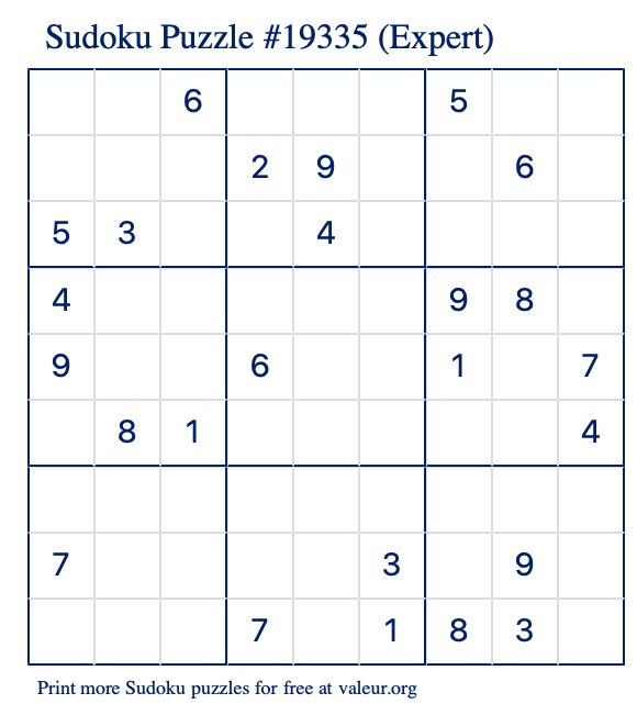 Free Printable Expert Sudoku Puzzle number 19335