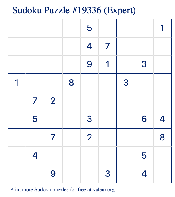 Free Printable Expert Sudoku Puzzle number 19336