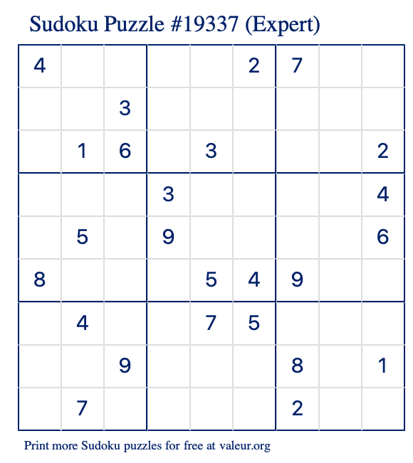 Free Printable Expert Sudoku Puzzle number 19337