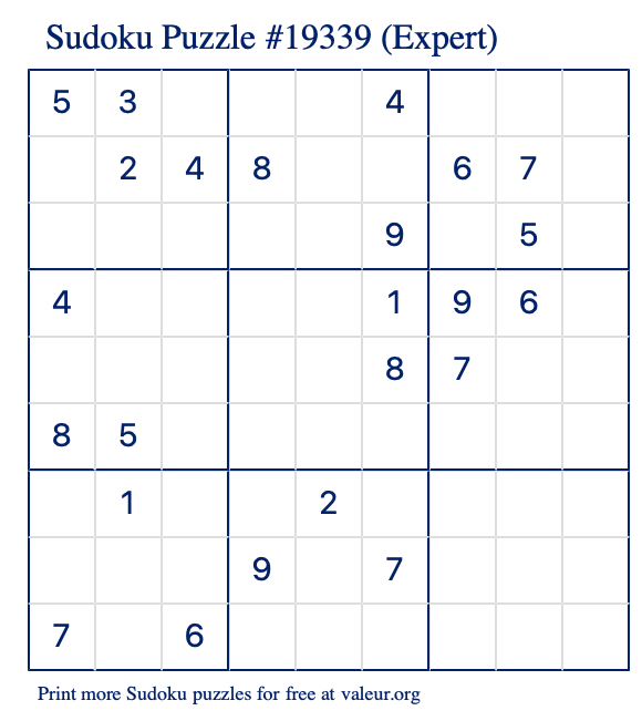Free Printable Expert Sudoku Puzzle number 19339