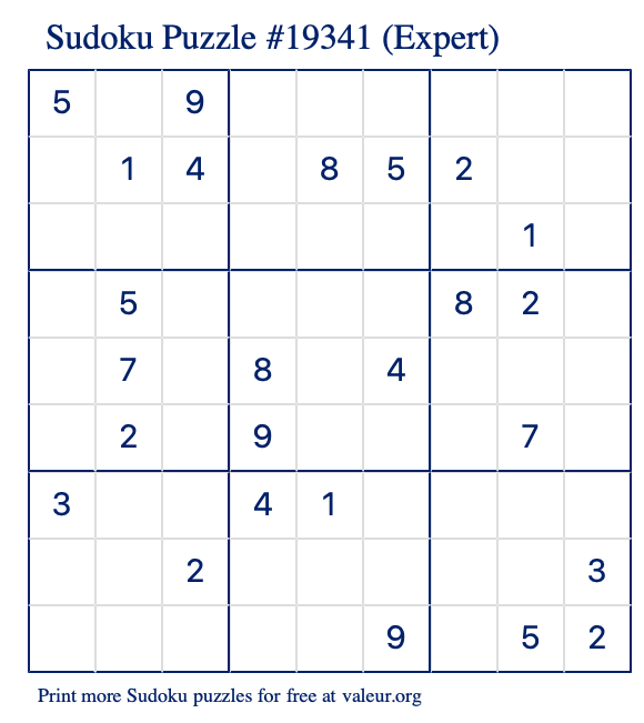 Free Printable Expert Sudoku Puzzle number 19341