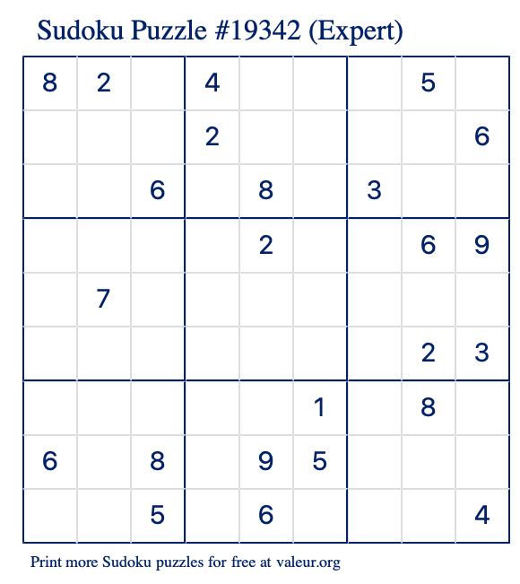 Free Printable Expert Sudoku Puzzle number 19342