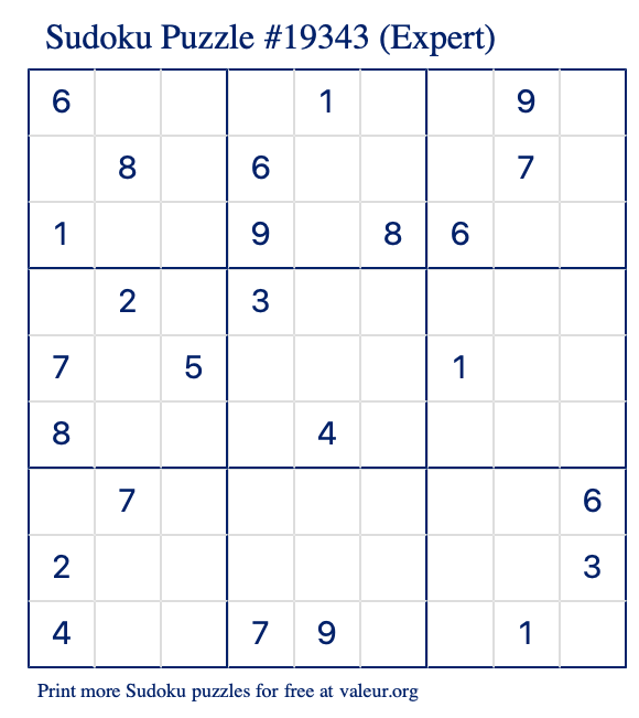 Free Printable Expert Sudoku Puzzle number 19343