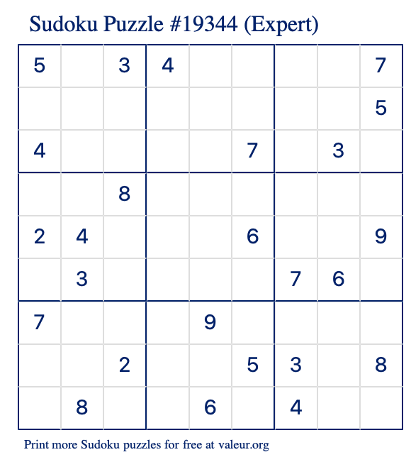 Free Printable Expert Sudoku Puzzle number 19344