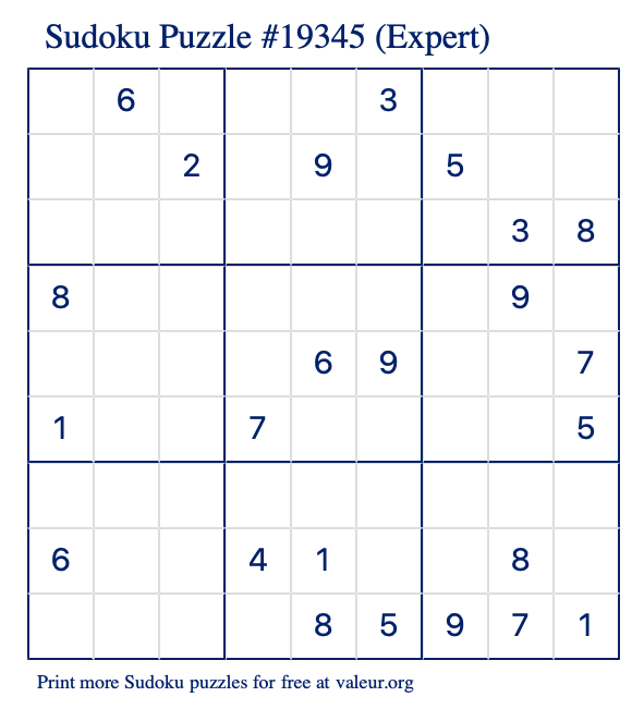 Free Printable Expert Sudoku Puzzle number 19345