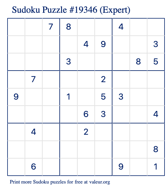 Free Printable Expert Sudoku Puzzle number 19346