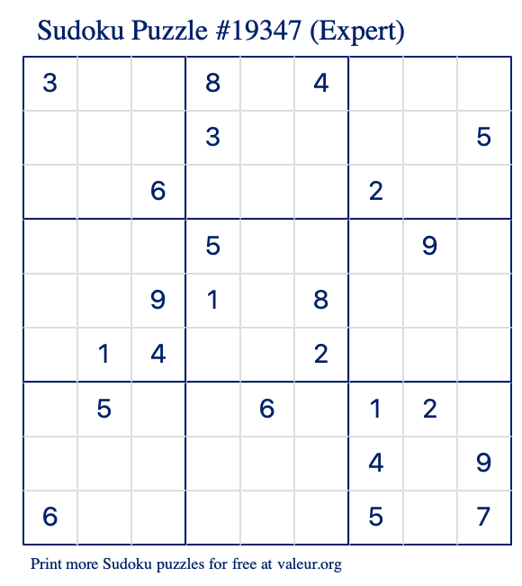 Free Printable Expert Sudoku Puzzle number 19347