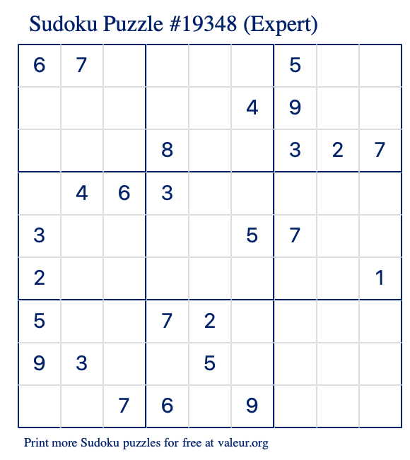 Free Printable Expert Sudoku Puzzle number 19348