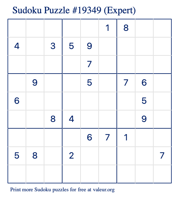Free Printable Expert Sudoku Puzzle number 19349