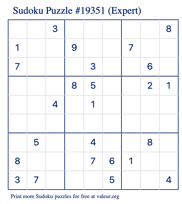 Free Printable Expert Sudoku Puzzle number 19351