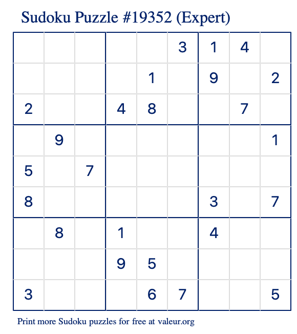 Free Printable Expert Sudoku Puzzle number 19352