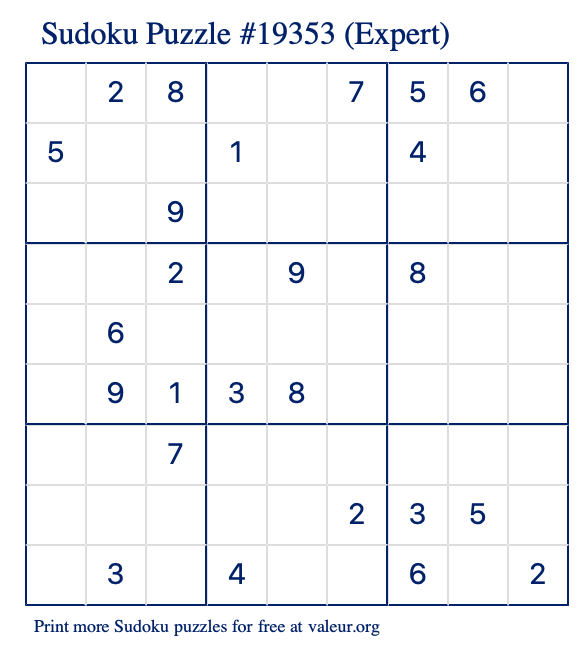 Free Printable Expert Sudoku Puzzle number 19353