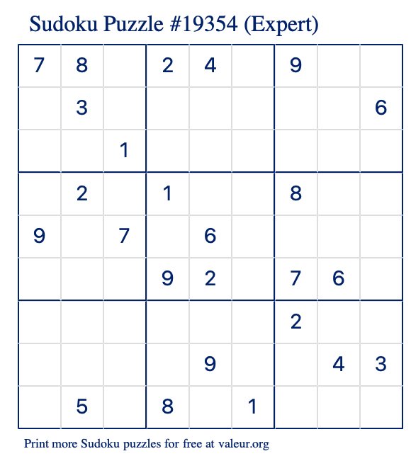 Free Printable Expert Sudoku Puzzle number 19354