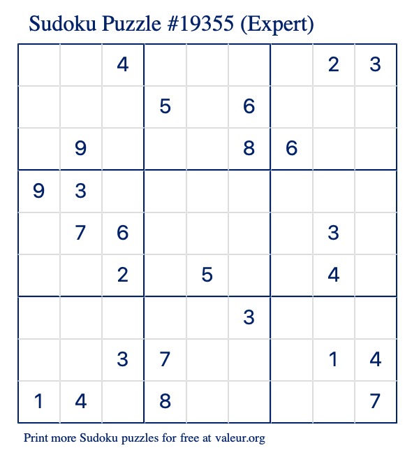 Free Printable Expert Sudoku Puzzle number 19355