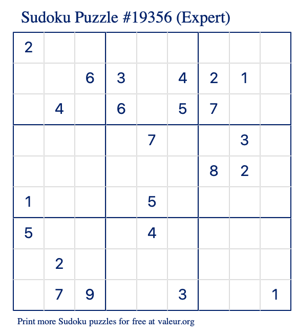 Free Printable Expert Sudoku Puzzle number 19356