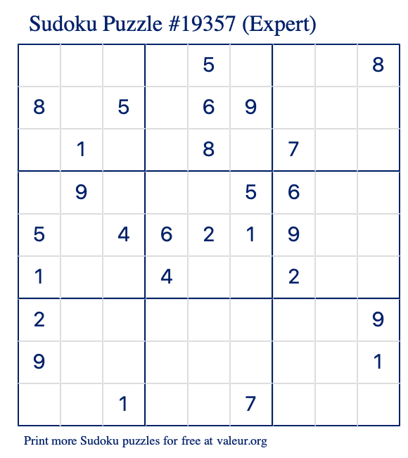 Free Printable Expert Sudoku Puzzle number 19357