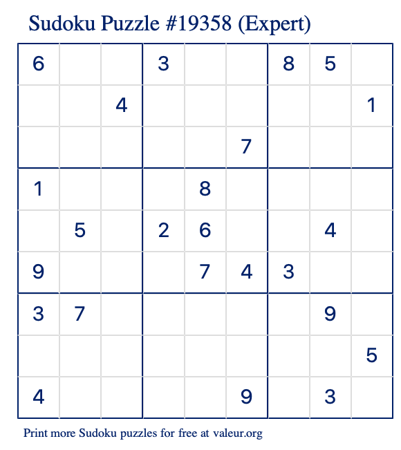 Free Printable Expert Sudoku Puzzle number 19358
