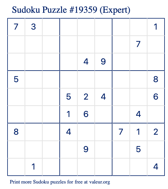 Free Printable Expert Sudoku Puzzle number 19359