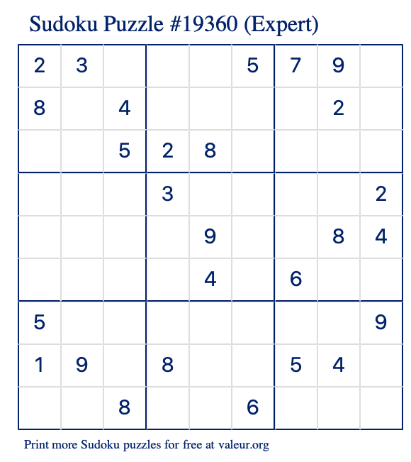 Free Printable Expert Sudoku Puzzle number 19360