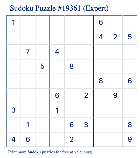 Free Printable Expert Sudoku Puzzle number 19361