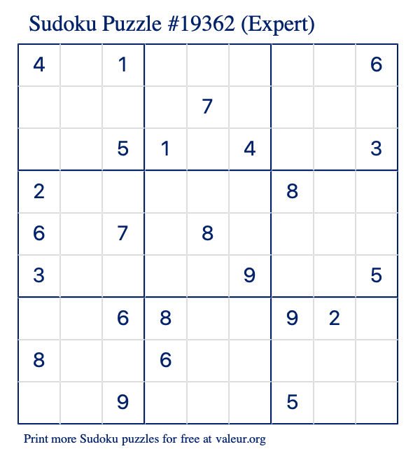 Free Printable Expert Sudoku Puzzle number 19362
