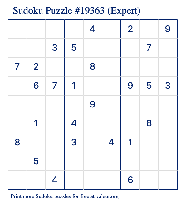 Free Printable Expert Sudoku Puzzle number 19363
