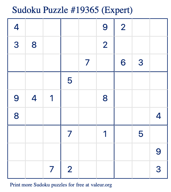 Free Printable Expert Sudoku Puzzle number 19365