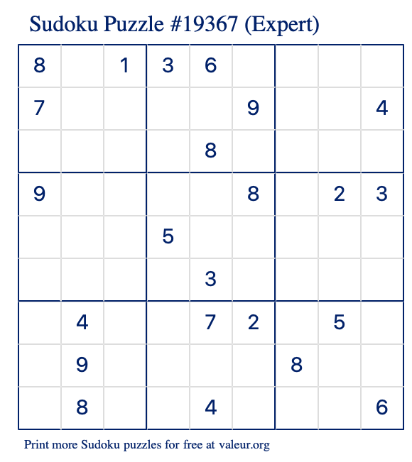 Free Printable Expert Sudoku Puzzle number 19367