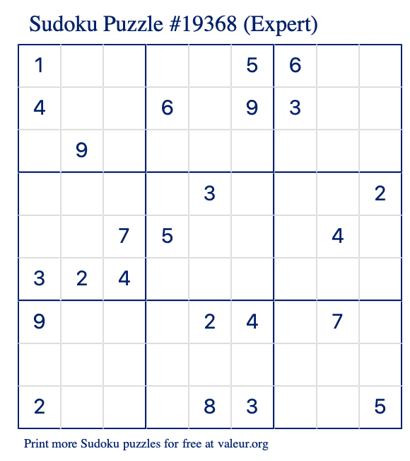 Free Printable Expert Sudoku Puzzle number 19368