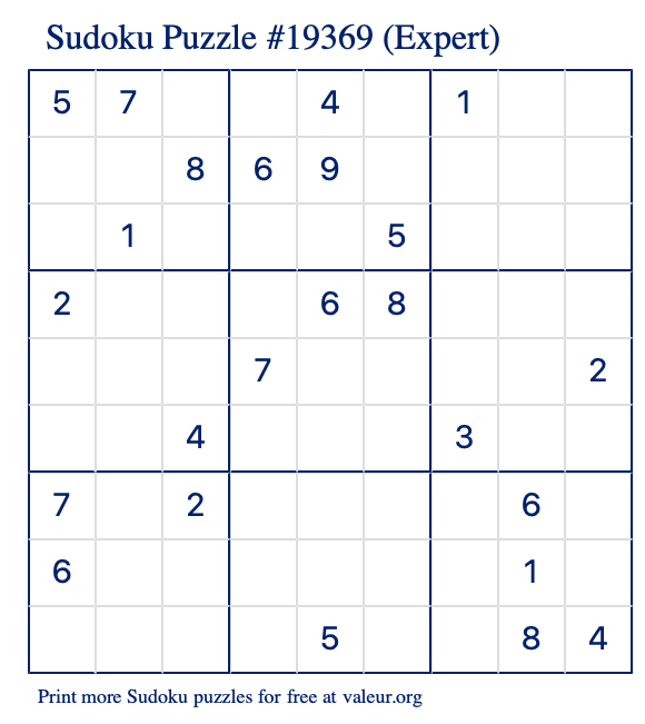 Free Printable Expert Sudoku Puzzle number 19369