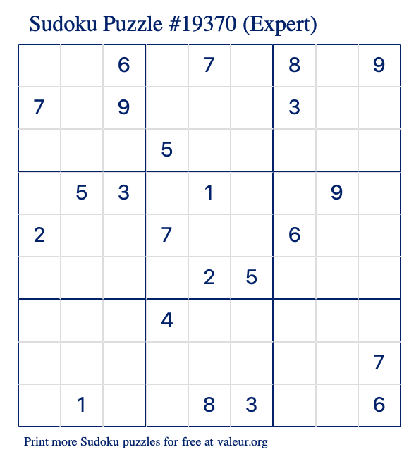 Free Printable Expert Sudoku Puzzle number 19370