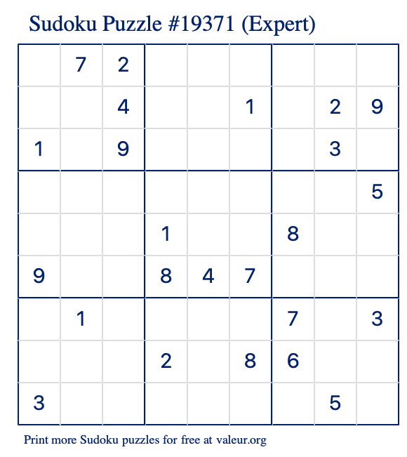 Free Printable Expert Sudoku Puzzle number 19371