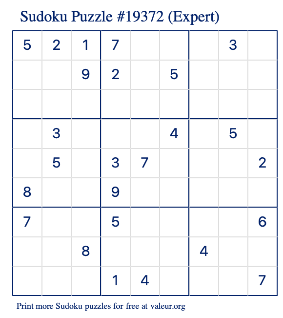 Free Printable Expert Sudoku Puzzle number 19372