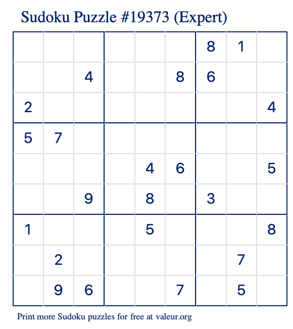 Free Printable Expert Sudoku Puzzle number 19373