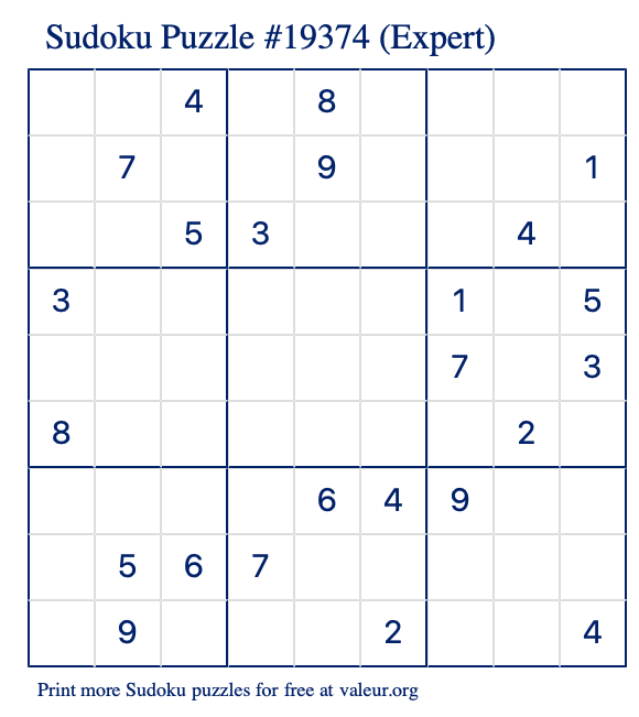 Free Printable Expert Sudoku Puzzle number 19374