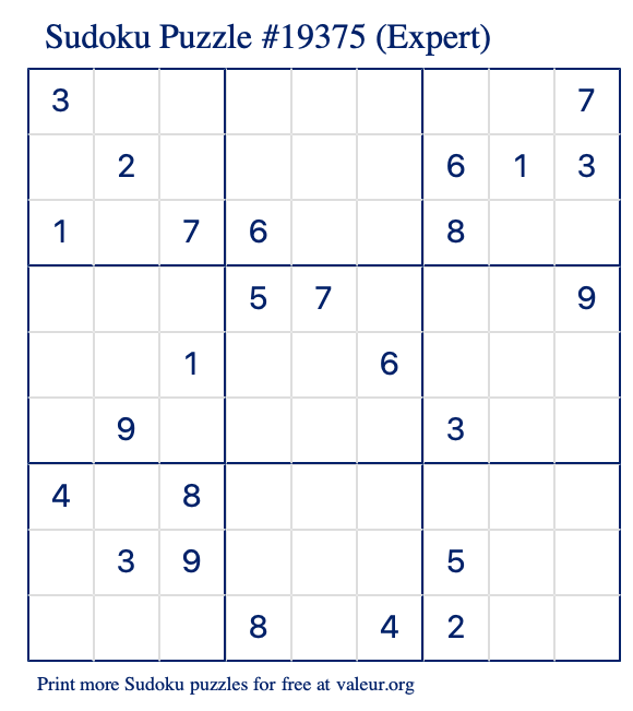 Free Printable Expert Sudoku Puzzle number 19375