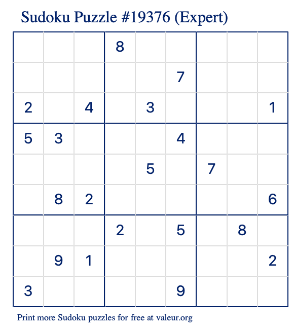 Free Printable Expert Sudoku Puzzle number 19376